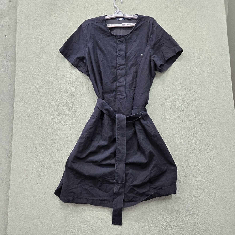 Lands' End Women Dress 22W Navy Midi A Line Cargo Linen Blend Belted Snap Front